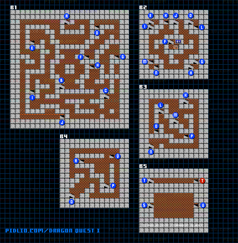 竜王の城B1～B5のマップ画像 ／ FC版ドラゴンクエストI攻略 ─ pidlio.com