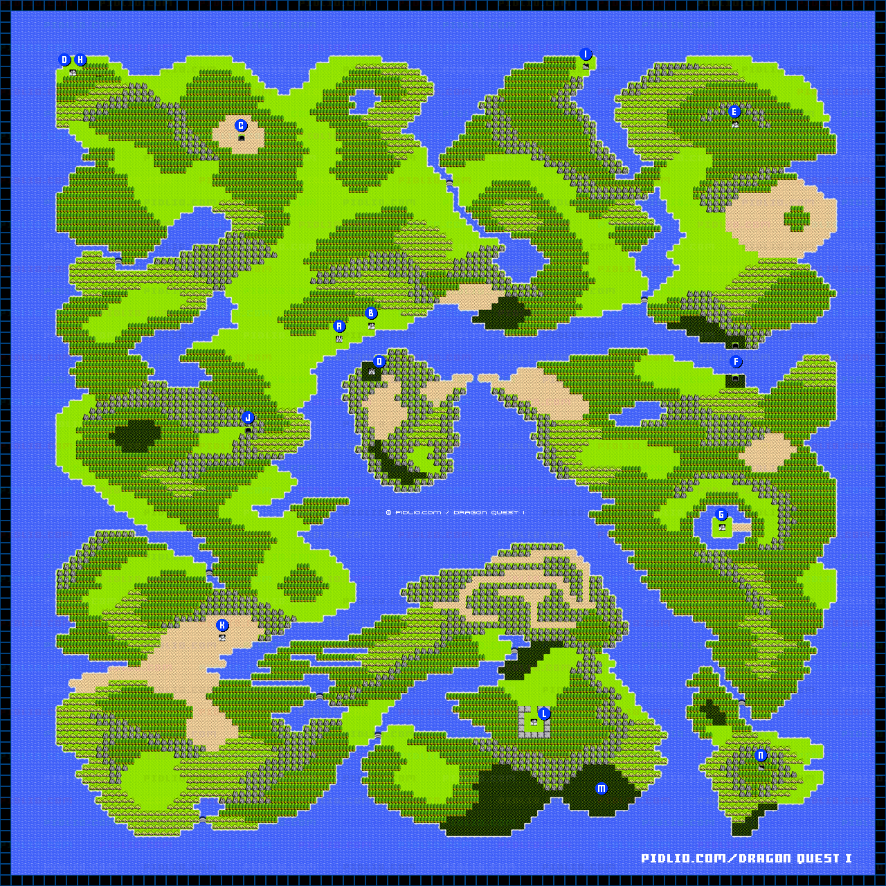 FC版ドラゴンクエストIのワールドマップ（アレフガルドの地図）画像 ／ FC版ドラゴンクエストI攻略 ─ pidlio.com