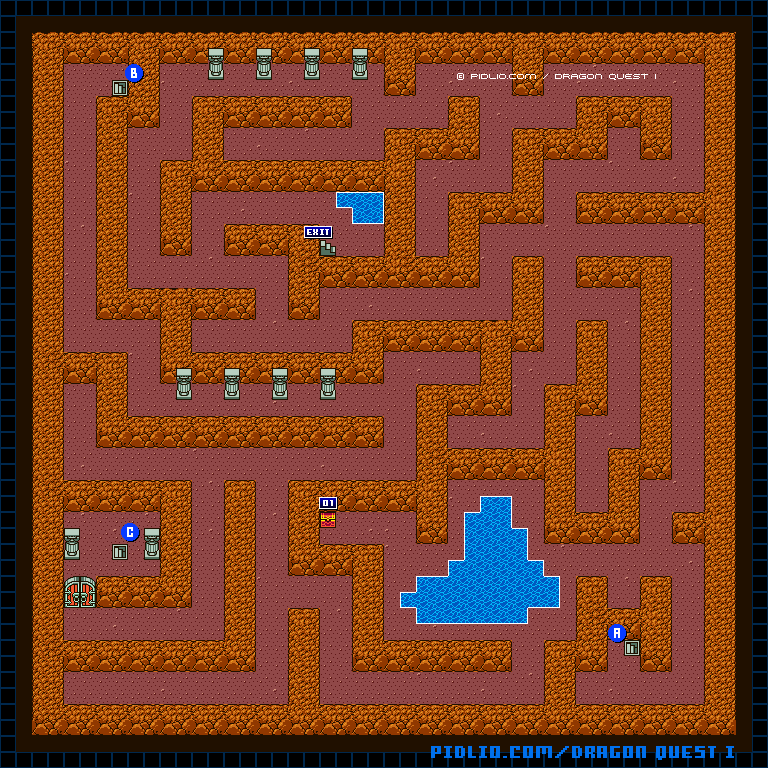 岩山の洞窟B1のマップ画像 ／ GB版ドラゴンクエストI攻略 ─ pidlio.com