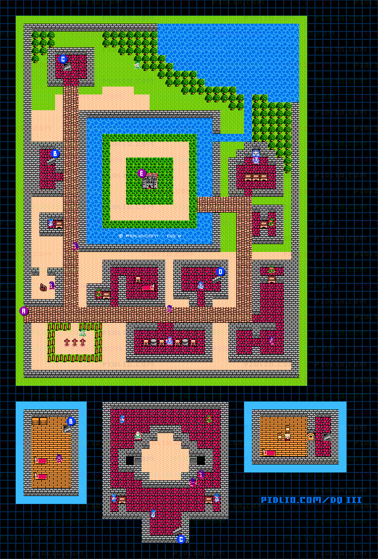 イシスの城・城下町のマップ画像 ／ FC版ドラゴンクエストIII攻略 ─ pidlio.com