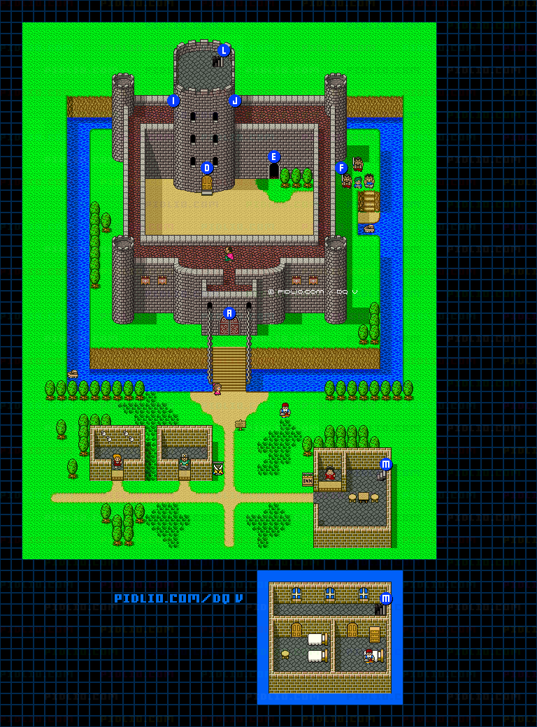 ラインハット城（幼年時代）外観と城下町のマップ画像 ／ SFC版ドラゴンクエストV攻略 ─ pidlio.com