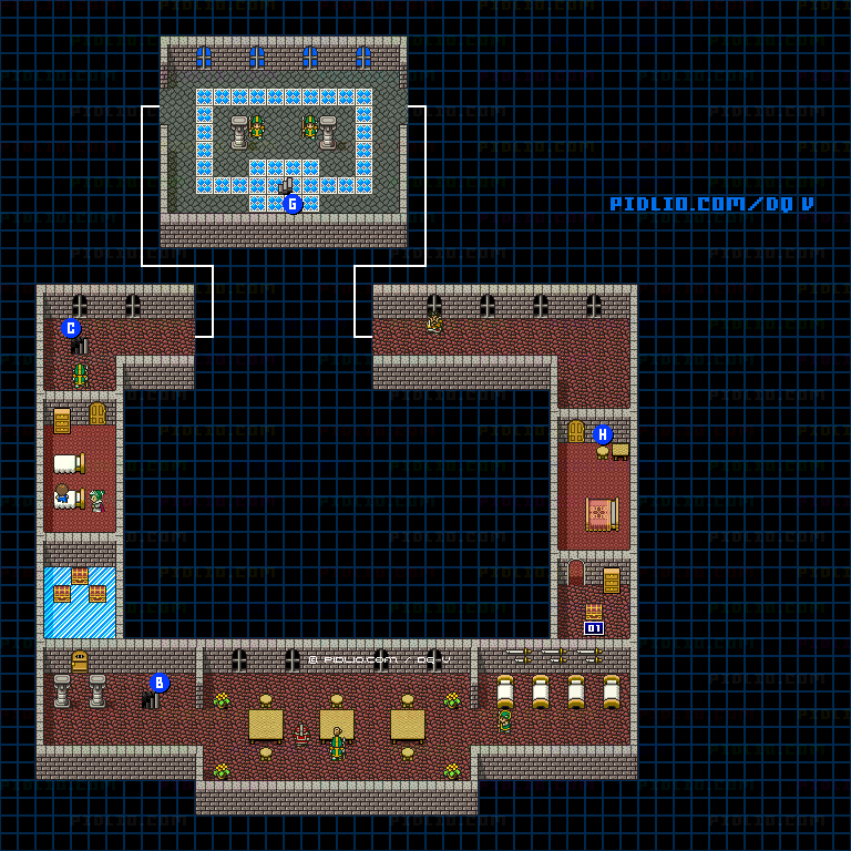 ラインハット城（幼年時代）城内2Fのマップ画像 ／ SFC版ドラゴンクエストV攻略 ─ pidlio.com