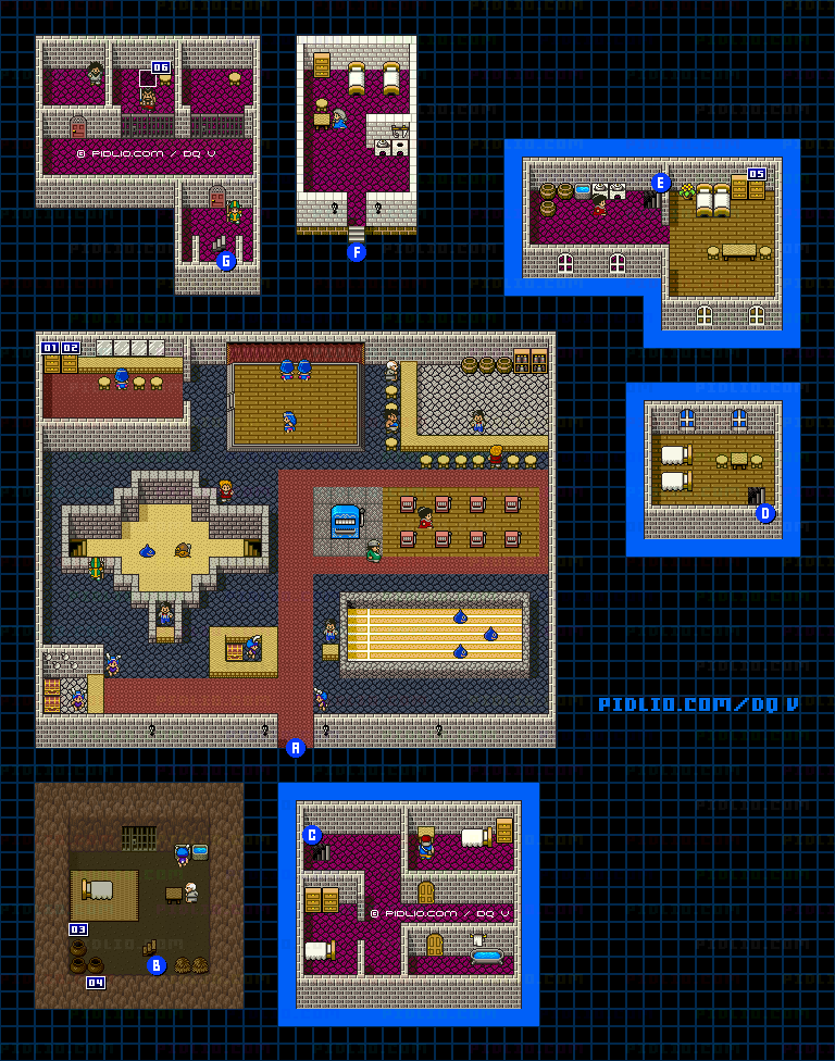 オラクルベリーの町（青年時代前半）のマップ画像 ／ SFC版ドラゴンクエストV攻略 ─ pidlio.com