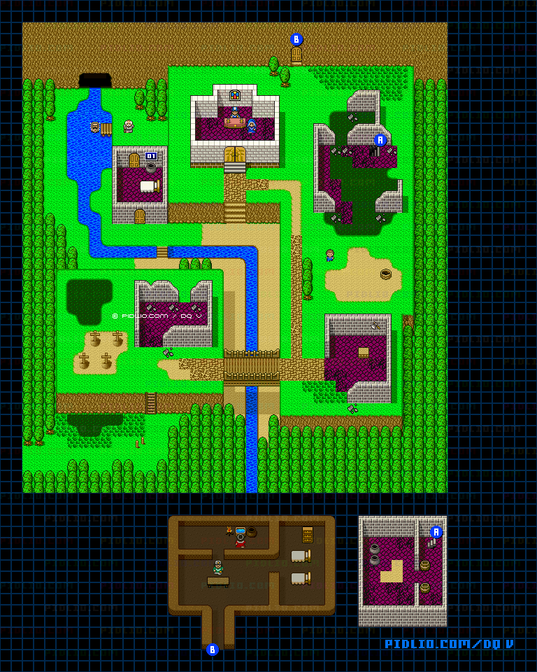 サンタローズの村（青年時代前半）のマップ画像 ／ SFC版ドラゴンクエストV攻略 ─ pidlio.com