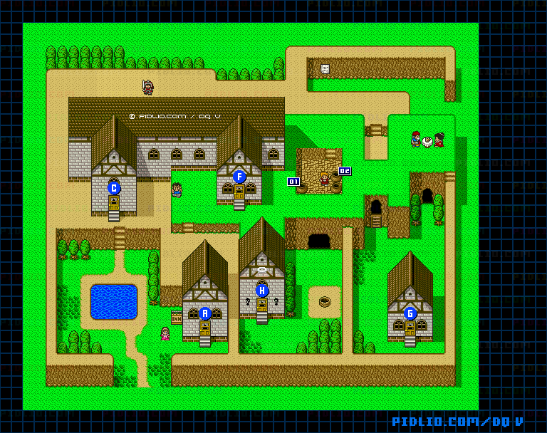 ルラフェンの町(青年時代前半)屋外のマップ画像 / SFC版ドラゴンクエストV攻略 ─ pidlio.com