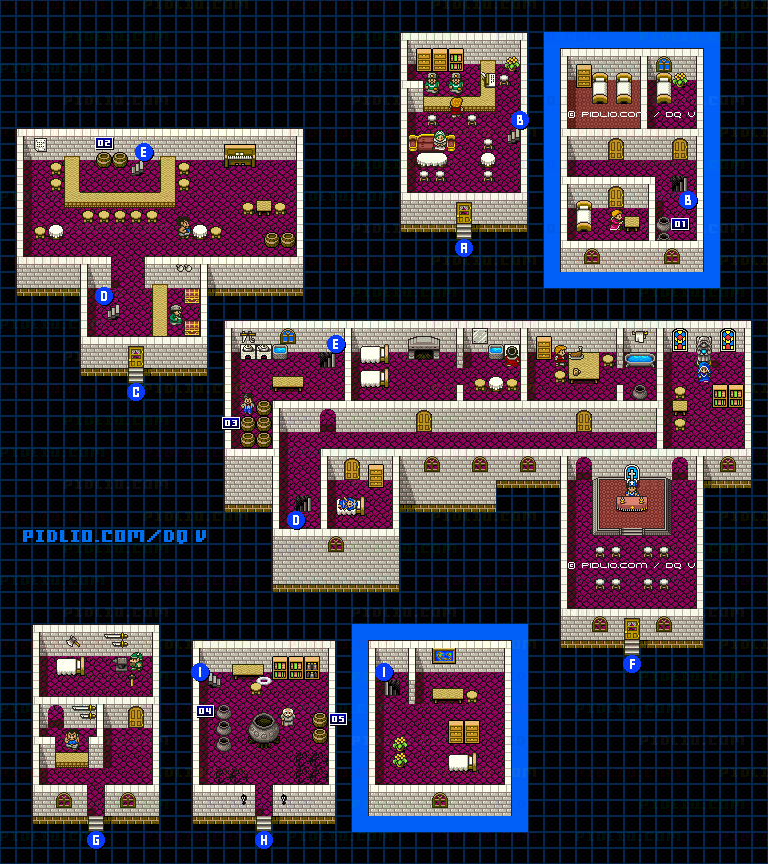 ルラフェンの町(青年時代前半)屋内のマップ画像 / SFC版ドラゴンクエストV攻略 ─ pidlio.com
