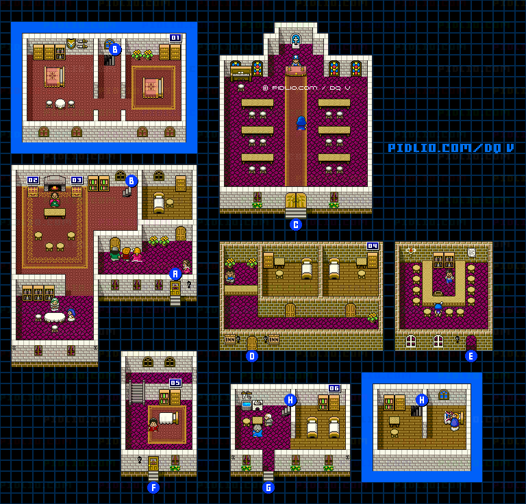 サラボナの町(青年時代前半)屋内のマップ画像 / SFC版ドラゴンクエストV攻略 ─ pidlio.com