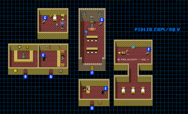 テルパドールの城（青年時代前半）城下町屋内のマップ画像 ／ SFC版ドラゴンクエストV攻略 ─ pidlio.com