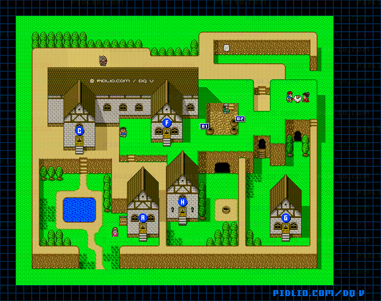ルラフェンの町（青年時代後半）屋外のマップ画像 ／ SFC版ドラゴンクエストV攻略 ─ pidlio.com