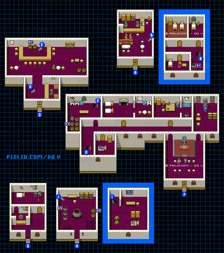 ルラフェンの町（青年時代後半）屋内のマップ画像 ／ SFC版ドラゴンクエストV攻略 ─ pidlio.com