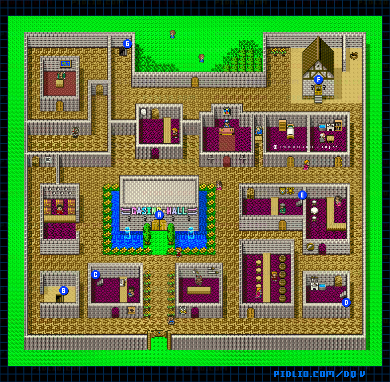 オラクルベリーの町（青年時代後半）のマップ画像 ／ SFC版ドラゴンクエストV攻略 ─ pidlio.com