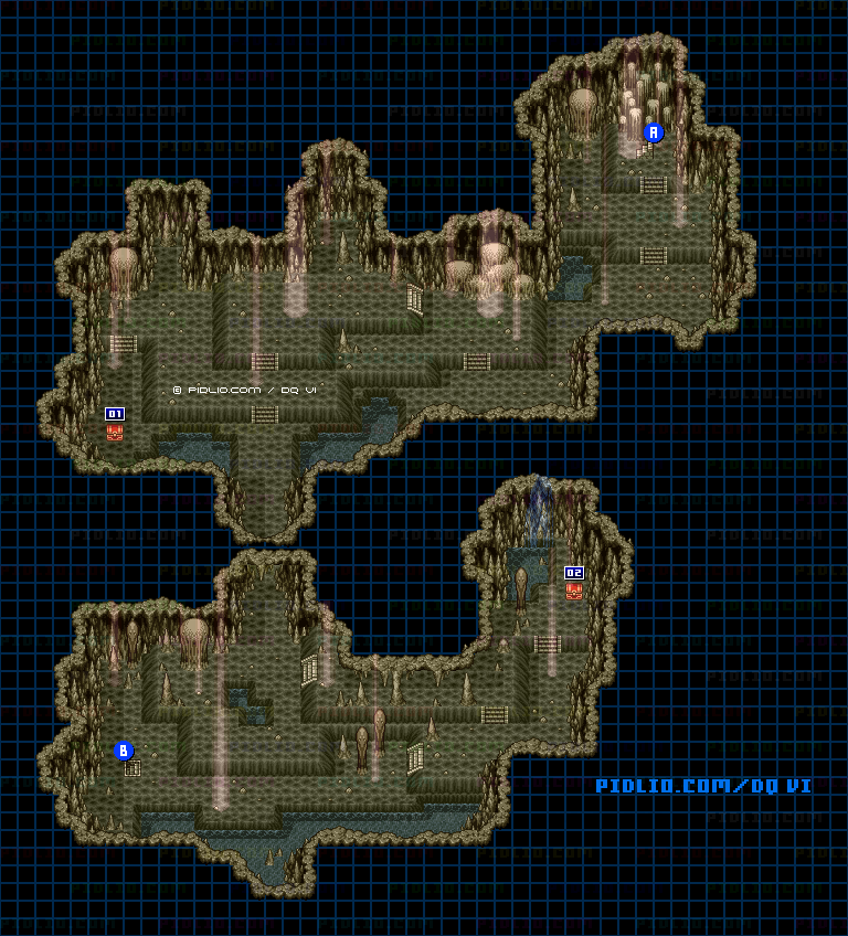 【夢の世界】謎の洞窟前半・第2フロアのマップ画像 ／ SFC版ドラゴンクエスト6攻略 ─ pidlio.com