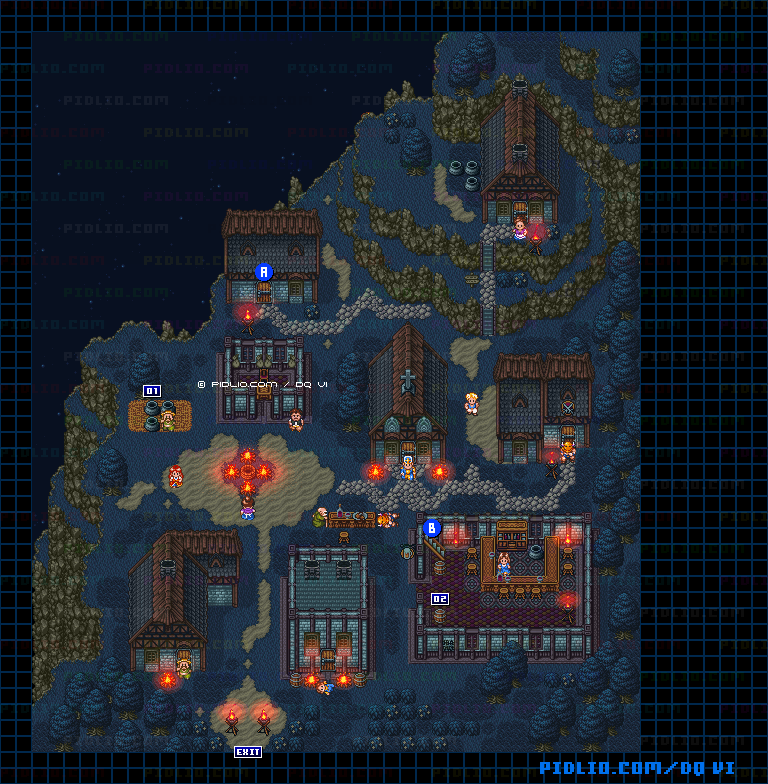 【夢の世界】デスコッドの村・夜屋外のマップ画像 ／ SFC版ドラゴンクエスト6攻略 ─ pidlio.com