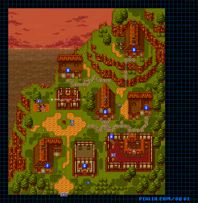 【夢の世界】デスコッドの村・夕方屋外のマップ画像 ／ SFC版ドラゴンクエスト6攻略 ─ pidlio.com