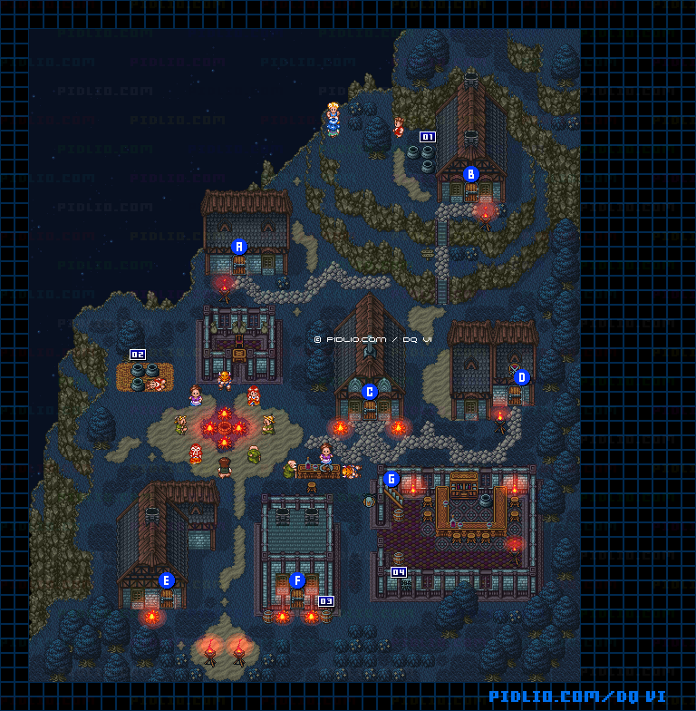 【夢の世界】ライフコッドの村(夜)・屋外のマップ画像 / SFC版ドラゴンクエスト6攻略 ─ pidlio.com