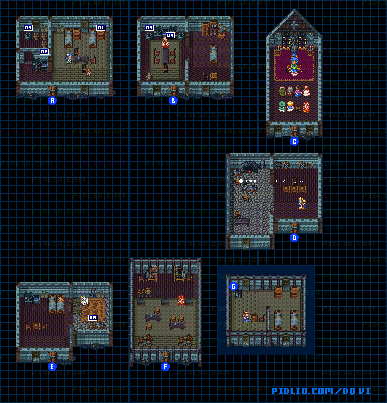 【夢の世界】ライフコッドの村(夜)のマップ画像 / SFC版ドラゴンクエスト6攻略 ─ pidlio.com