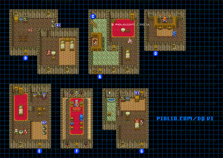 【夢の世界】カルカドの町・屋内のマップ画像 / SFC版ドラゴンクエスト6攻略 ─ pidlio.com
