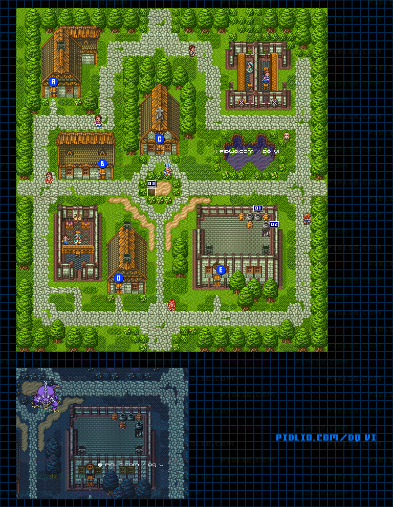【現実の世界】モンストルの町・屋外のマップ画像 / SFC版ドラゴンクエスト6攻略 ─ pidlio.com