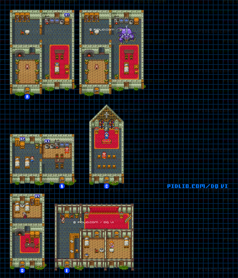 【現実の世界】モンストルの町・屋内のマップ画像 / SFC版ドラゴンクエスト6攻略 ─ pidlio.com