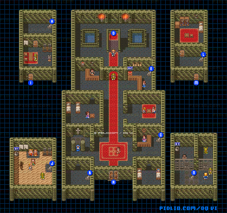 【現実の世界】アークボルト城・城内1階のマップ画像 ／ SFC版ドラゴンクエスト6攻略 ─ pidlio.com