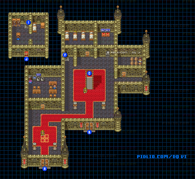【現実の世界】ホルストック城・城内1階のマップ画像 ／ SFC版ドラゴンクエスト6攻略 ─ pidlio.com