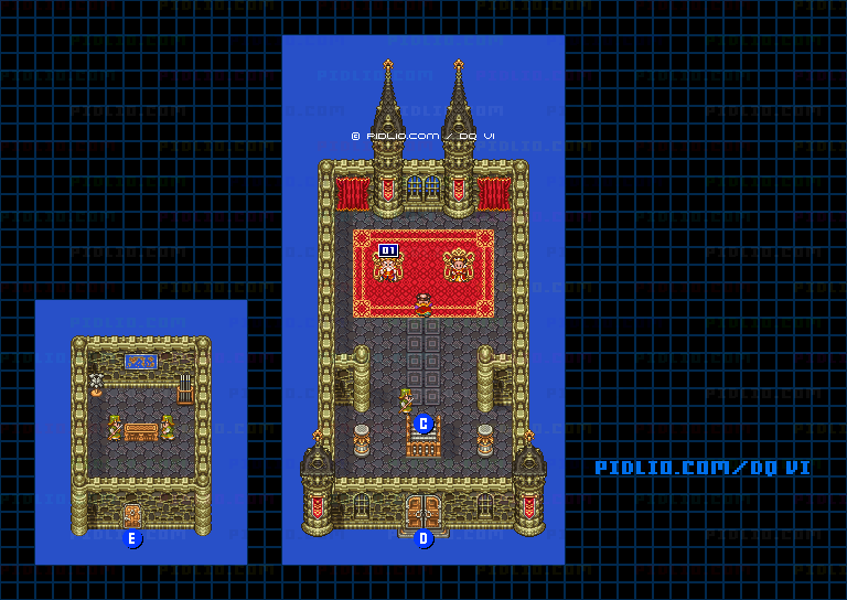 【現実の世界】ホルストック城・城内2階のマップ画像 ／ SFC版ドラゴンクエスト6攻略 ─ pidlio.com