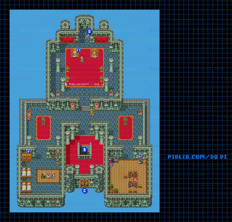 【現実の世界】フォーン城・城内2階のマップ画像 ／ SFC版ドラゴンクエスト6攻略 ─ pidlio.com