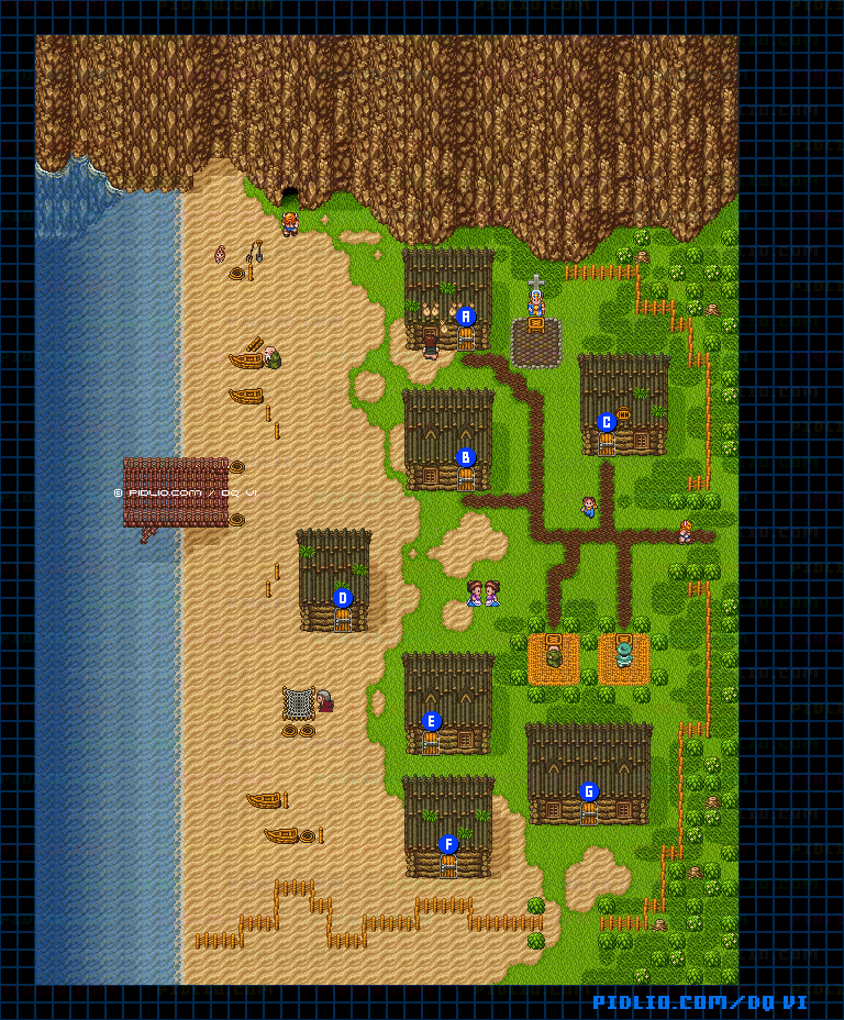 【現実の世界】ペスカニの村・屋外のマップ画像 ／ SFC版ドラゴンクエスト6攻略 ─ pidlio.com