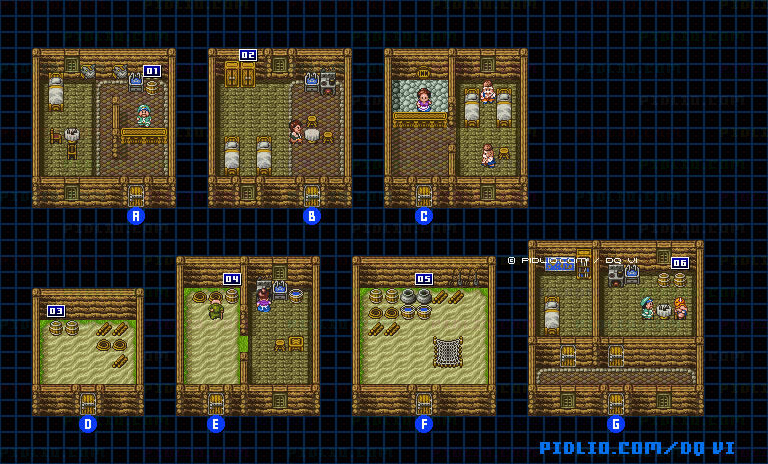 【現実の世界】ペスカニの村・屋内のマップ画像 ／ SFC版ドラゴンクエスト6攻略 ─ pidlio.com