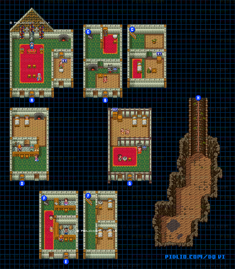 【現実の世界】マウントスノーの村（解放後）・屋内のマップ画像 ／ SFC版ドラゴンクエスト6攻略 ─ pidlio.com