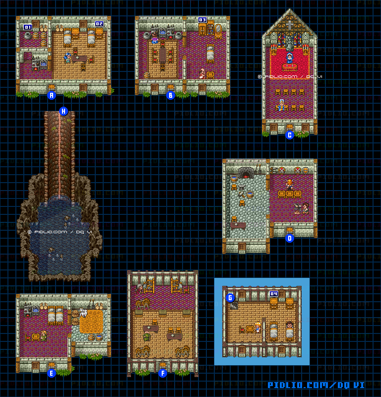 【現実の世界】ライフコッドの村・屋内のマップ画像 ／ SFC版ドラゴンクエスト6攻略 ─ pidlio.com