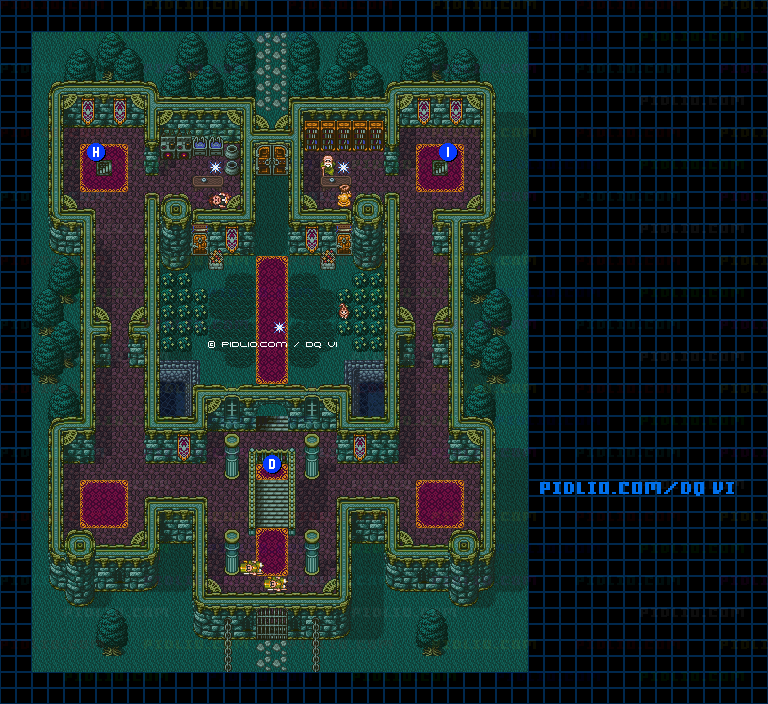 【現実の世界】レイドック城（回想の夜）・城内1階のマップ画像 ／ SFC版ドラゴンクエスト6攻略 ─ pidlio.com