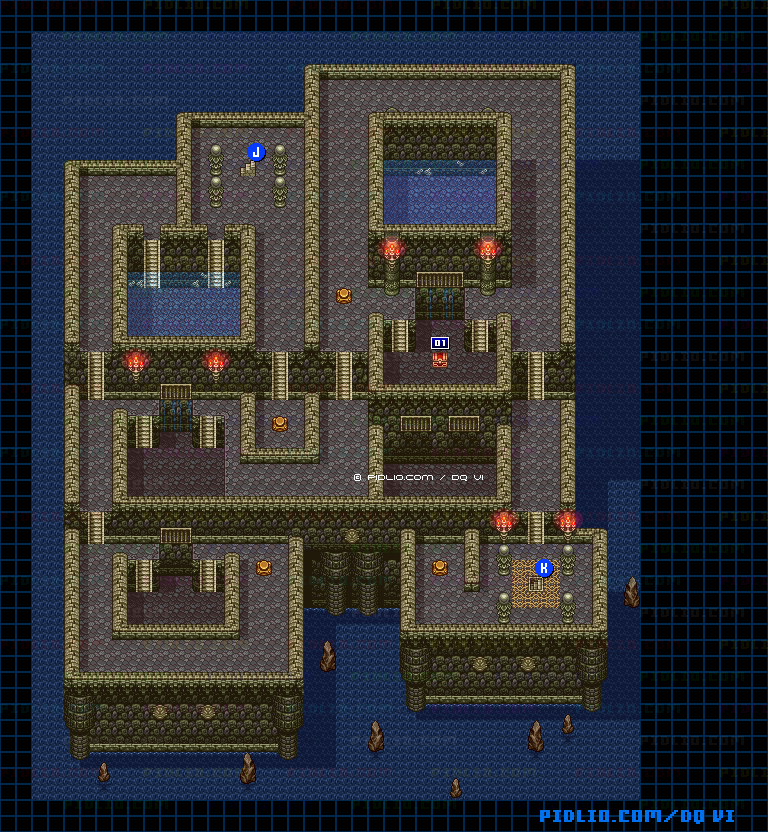 【海底世界】海底神殿・地下2階水門エリアのマップ画像 ／ SFC版ドラゴンクエスト6攻略 ─ pidlio.com